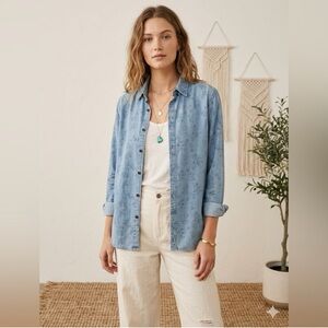 Coastal Boho Floral Chambray Shirt Blue Button Up Cottagecore Romantic Sz Large